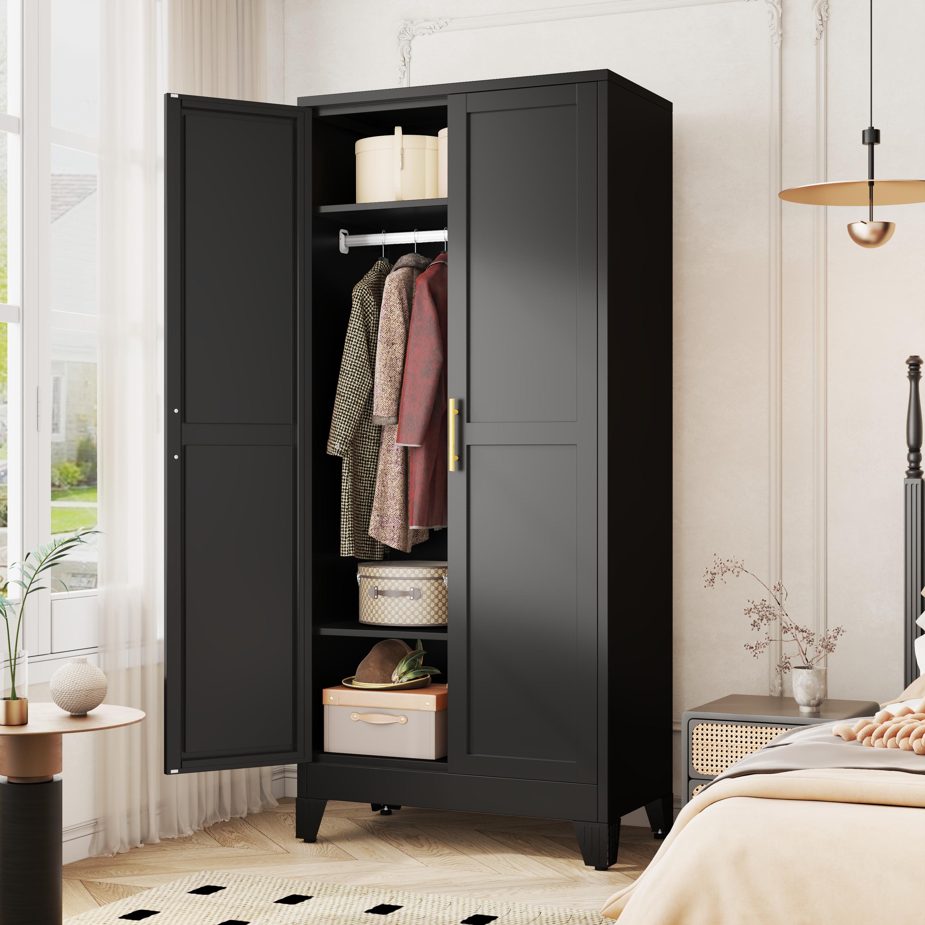 Metal Armoire Wardrobe Closet with 2 Doors, Freestanding Bedroom Clothing Storage Cabinet with Adjustable Shelves & Hanging Rod Metal Armoire Wardrobe Closet with 2 Doors, Freestanding Bedroom Clothing Storage Cabinet with Adjustable Shelves & Hanging Rod