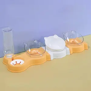 Multi-Functional 4-in-1 Pet Feeder Tilted Bowls Water Dispenser Anti-Slip Durable Feeding Station for Cats Small Dogs Plastic Cat Splicing Bowl
