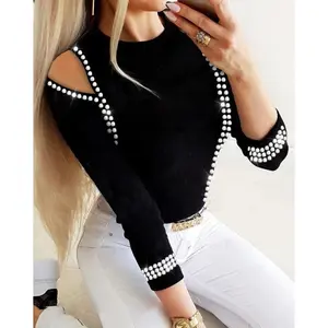 Trendy Hollow Out Rhinestone Blouse