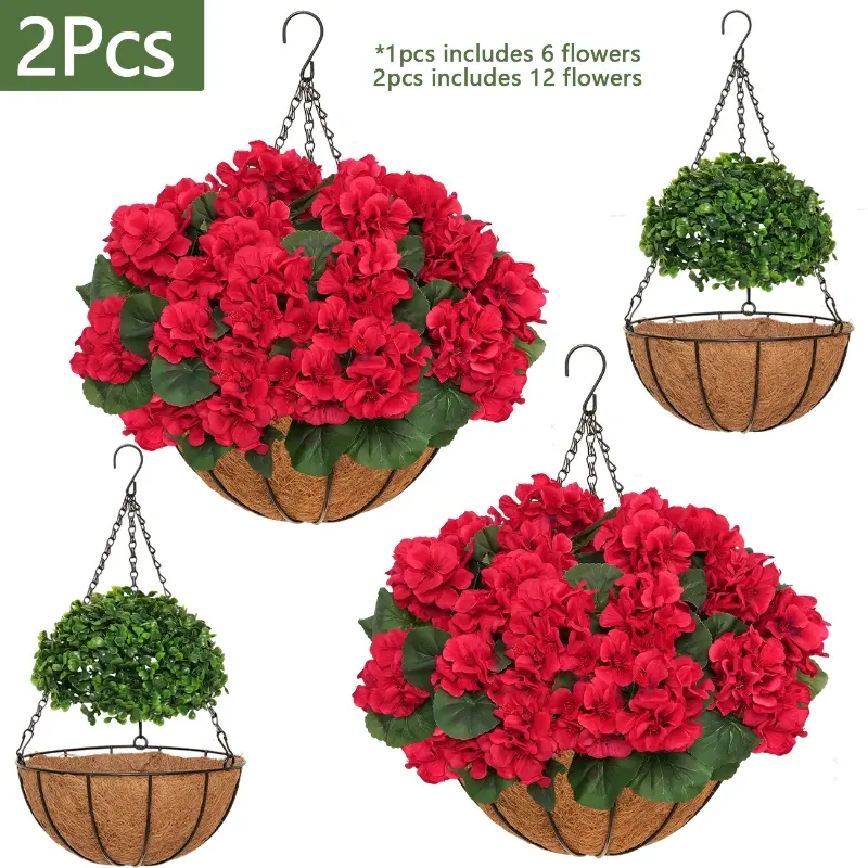 2Pcs Artificial Geranium Hanging Baskets, 12 Bundles UV Resistant Faux Red Geraniums, Lifelike Silk Fake Flowers, No‑Fade Outdoor Plants for Spring Summer Front Porch, Home Patio Balcony Yard Decor