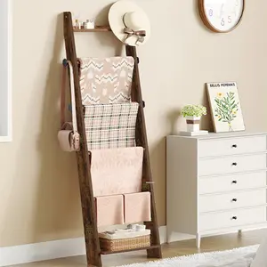 Hzuaneri Blanket Ladder for Living Room, Decorative Quilt Rack with 4 Removable Hooks, 5-Tier/6-Tier Blanket Ladder Shelf for Bedroom