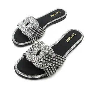 Hand Sandals with Rhinestone Embellishments for Women's Summer Fashion - Elegant Black Slides with Sparkling Details