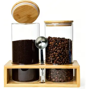 Glass Coffee Containers With Shelf - Coffee Bar Organizer And Accessories, Coffee Jars With Spoon, 2x 49oz Airtight Sealed Coffee Canister For Coffee Bean, Ground Coffee, Nuts