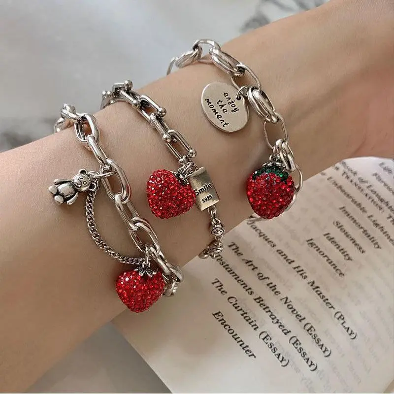 Thick Chain Bracelet for Women with Sparkling Strawberry Graphic, Rhinestone Zircon Accent, Stackable Fashion Party Jewelry, Fashion Jewelry Party, Stack Bangles, Rhinestone Decorated Bangle, Strawberry Graphic Bracelet, Casual, Jewelry Stack