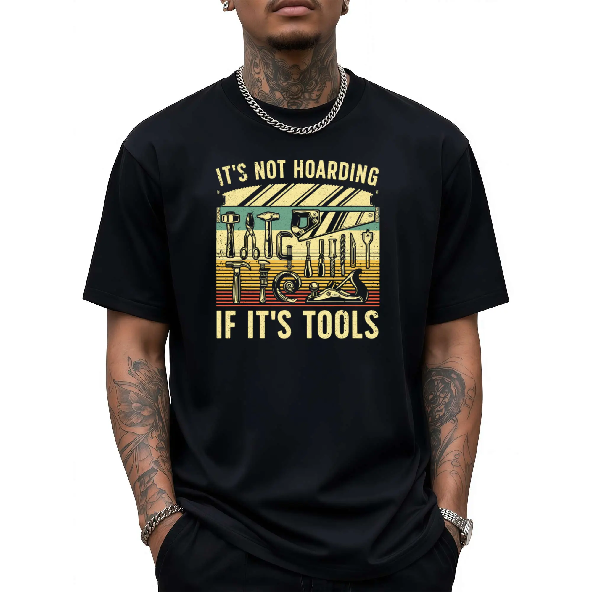 Men's & Women's 100% Cotton Vintage Woodworking Tools T-Shirt - "It's Not Hoarding If It's Tools" Graphic Print, Loose Fit Streetwear Tee, Breathable All-Season Casual Top for DIY Enthusiasts, Woodworkers, Carpenter Apparel