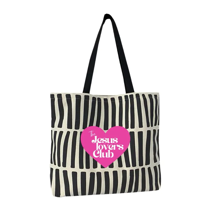 Jesus Lovers Club Armor Tote with Pink Heart Design and Black Stripes