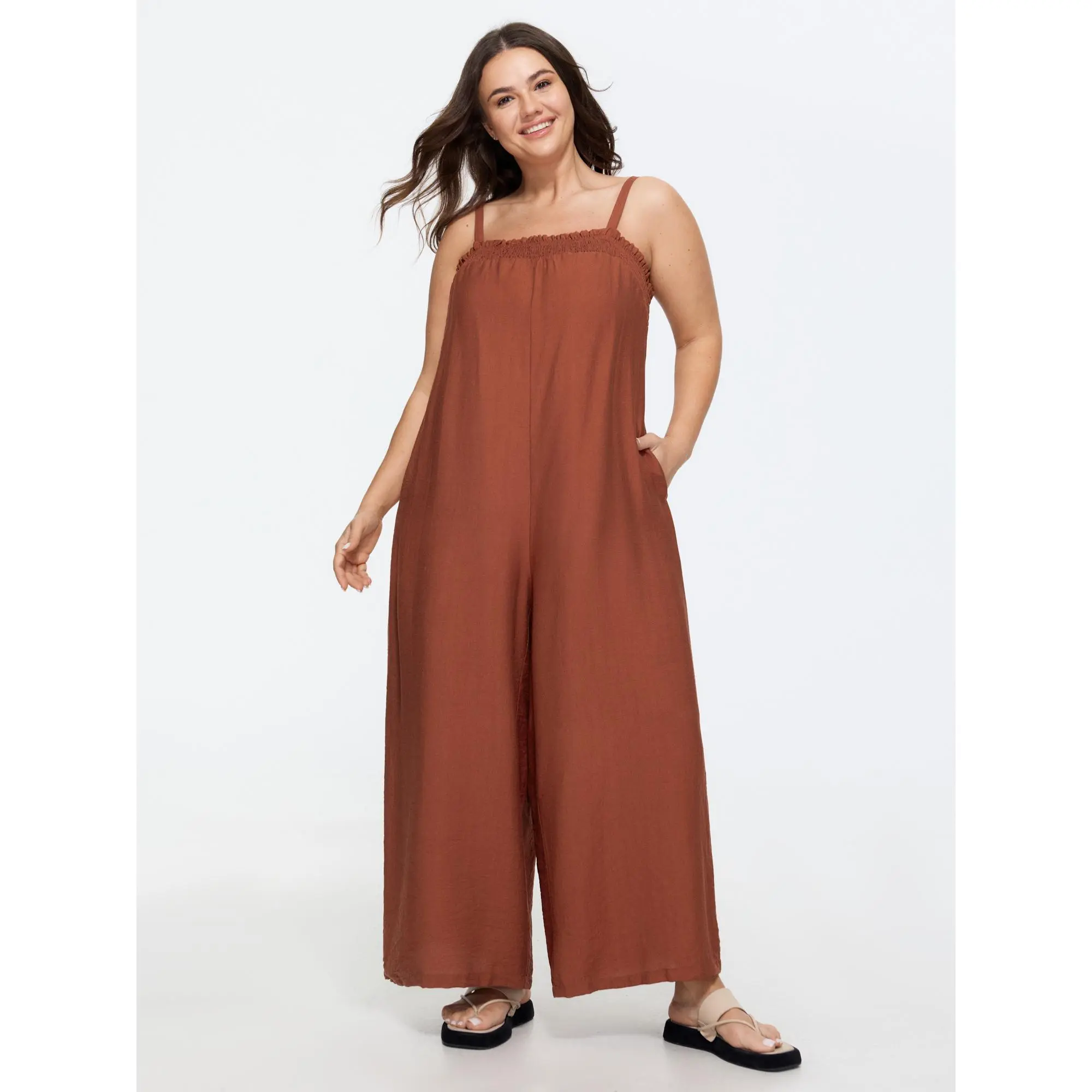 BloomChic Women's Plus Size Casual Smocked Jumpsuit, Solid Wide-Leg Style with Ruffle Straps and Pockets in a Supersoft Rayon Blend, Overalls, Garment, Fit, Basic, Fabric, Smooth, Nylon, Sleeveless, Casual Wear, Low Iron, Regular Length, Women's Clothes