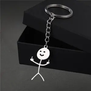 Stainless Steel Skeleton Smiley Little Man Sign Language Keychain - Finger Medium Stickman Bag Car Key Pendant Couple Gift Keychain