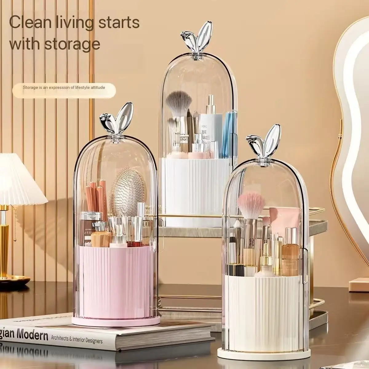 Rotating Dust-Proof Makeup Organizer, Cosmetic Storage Box, Brush Holder, Desktop Lipstick Eyeshadow Rack, Vanity Table Accessory, Makeup Organiser, Rotatable Circular Storage
