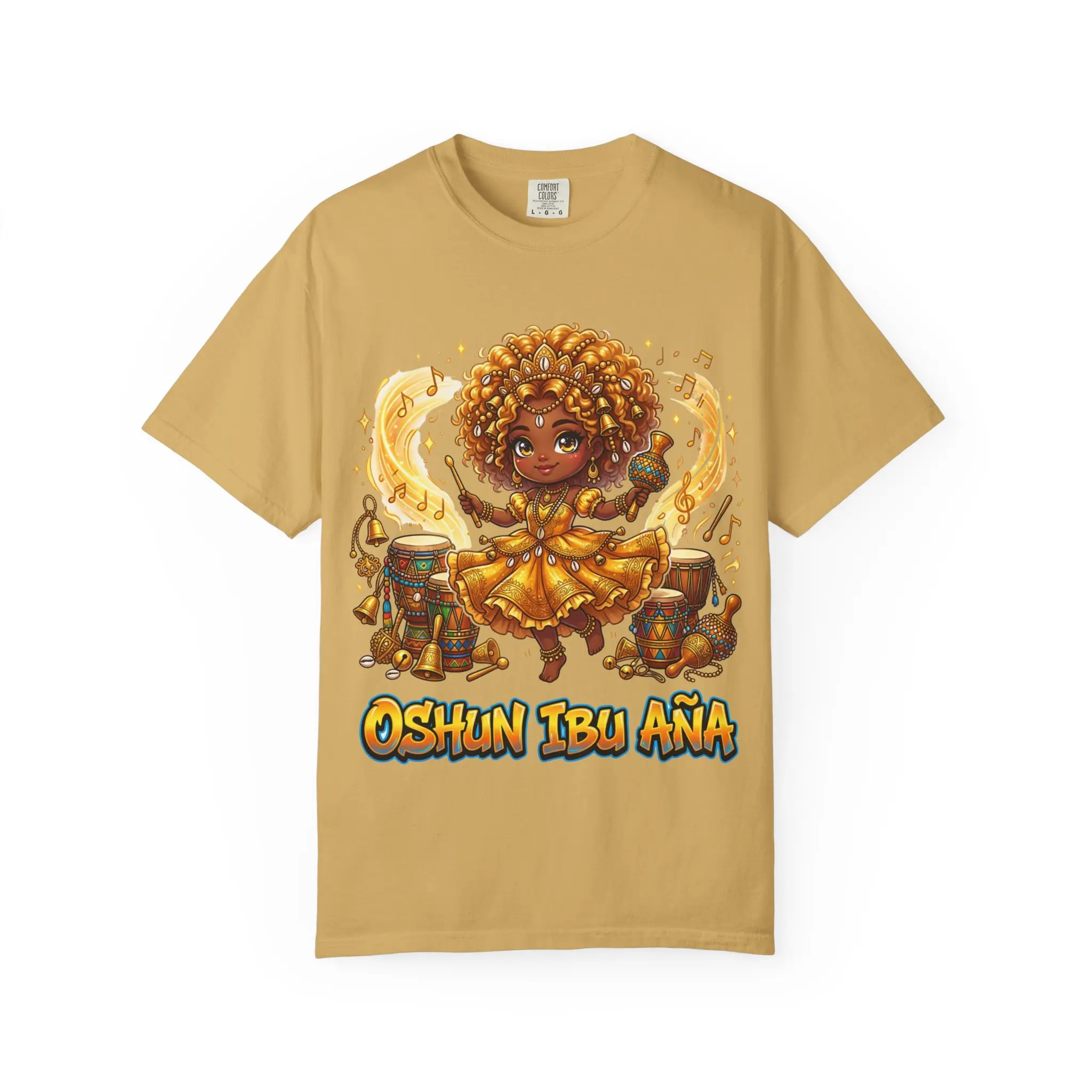 Men's Heavyweight Golden Tee - Unisex Loose-Fitting Garment-Dyed Cotton Short Sleeve Top with Oshun Ibu Aña Chibi Graphic, Casual Wear for Dancers, Perfect Gift for Oshún Devotees, Menswear Tops
