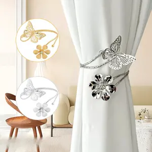 8 Pcs Gold Silver Butterfly Flower Curtain Tiebacks Modern Simple Creative Design Adjustable Curtain Holdbacks No Drilling Installation Living Room Bedroom Office Home Decoration Interior Decoration Accessories