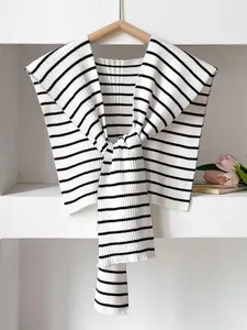 Women's Striped Print Open Front Cape Shawl, Casual Fringe Trim Shoulder Cover Up for Air-conditioned Room, Fashion Accessories for Daily Wear