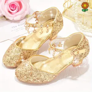 DZP-Sparkling Princess High Heels for Girls - Glittery Golden Sequin & Rhinestone Star Design, Elegant Ankle Suspender Dress Shoes for Weddings, Performances & Formal Events, Spring/Summer/Fall, Performance Shoes| Charming Little Heels| Glitt.