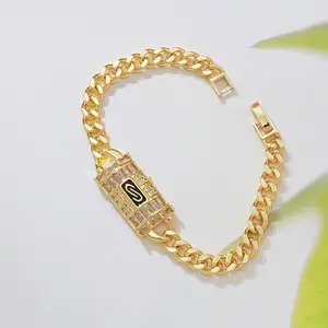 14K Gold Plated Initial S Cuban Link Bracelet for Women, Baguette CZ Crystal Rectangle Lock Charm Letter S Chain Bracelet, Trendy Hip Hop Personalized Jewelry Gift
