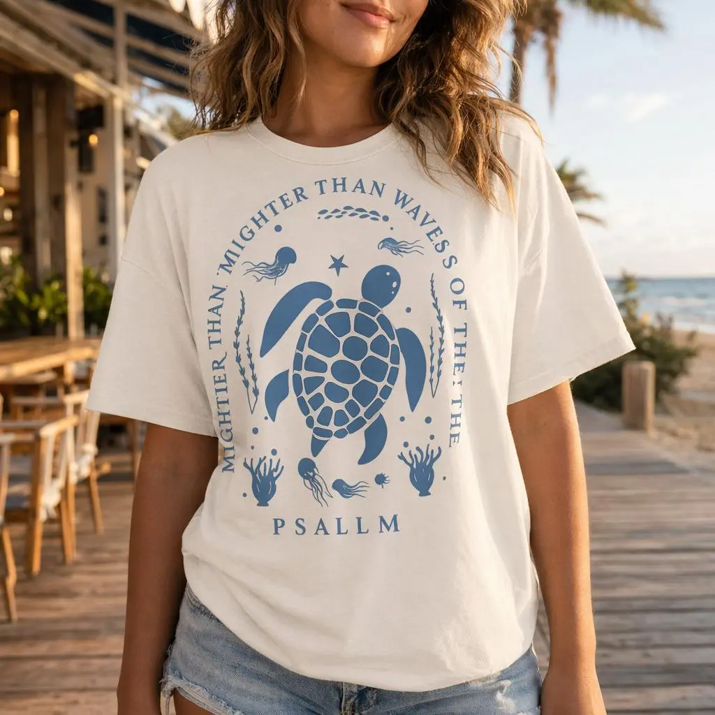 Sea Turtle Shirt Women Boho Ocean Graphic Tee Mightier Than The Waves Plus Size