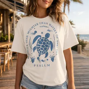 Sea Turtle Shirt Women Boho Ocean Graphic Tee Mightier Than The Waves Plus Size