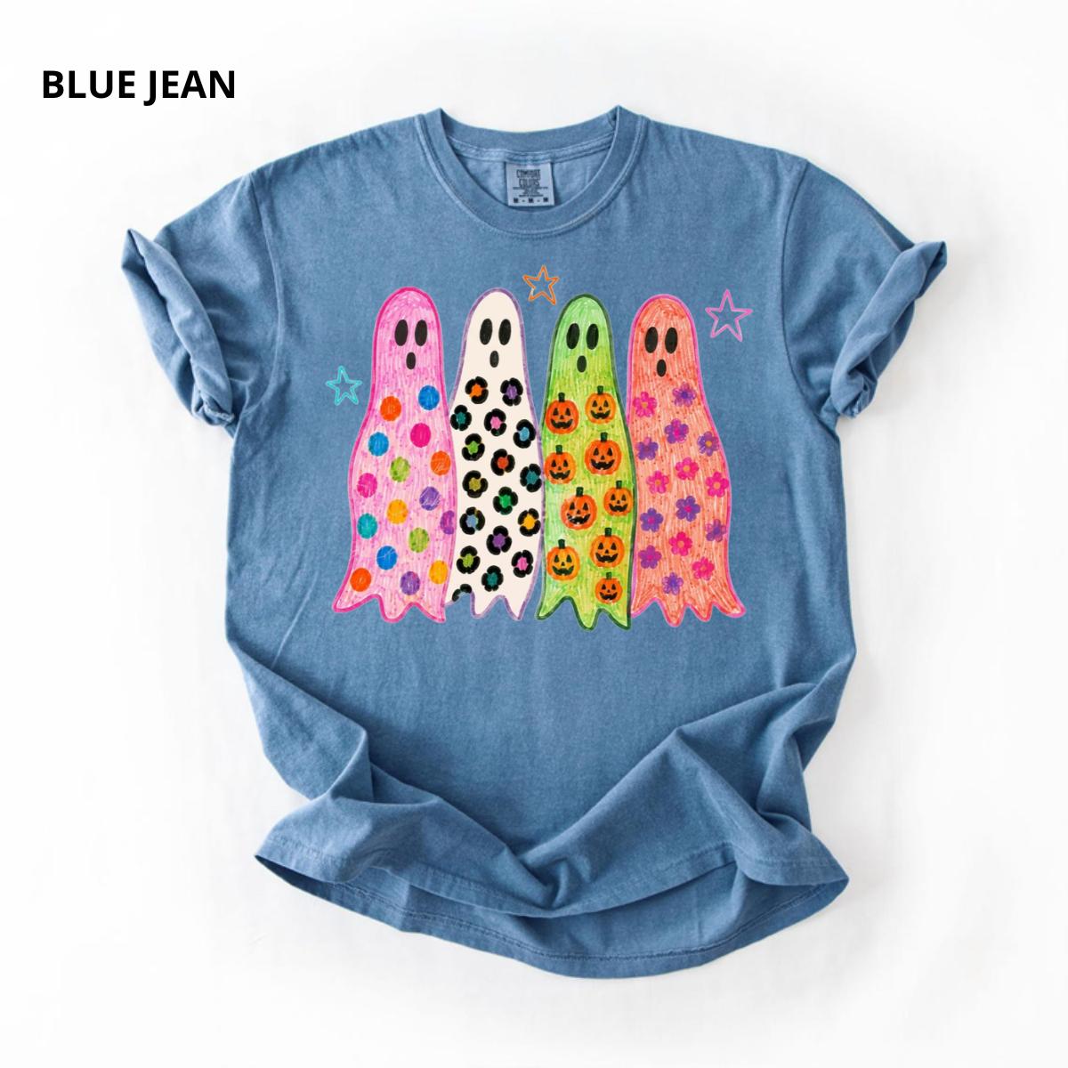 Comfort Colors Preppy Ghost Halloween Shirt, Colorful Leopard Ghost Tee, Coquette Spooky Season T-Shirt, Summerween Graphic Top, Cute Fall Shirt