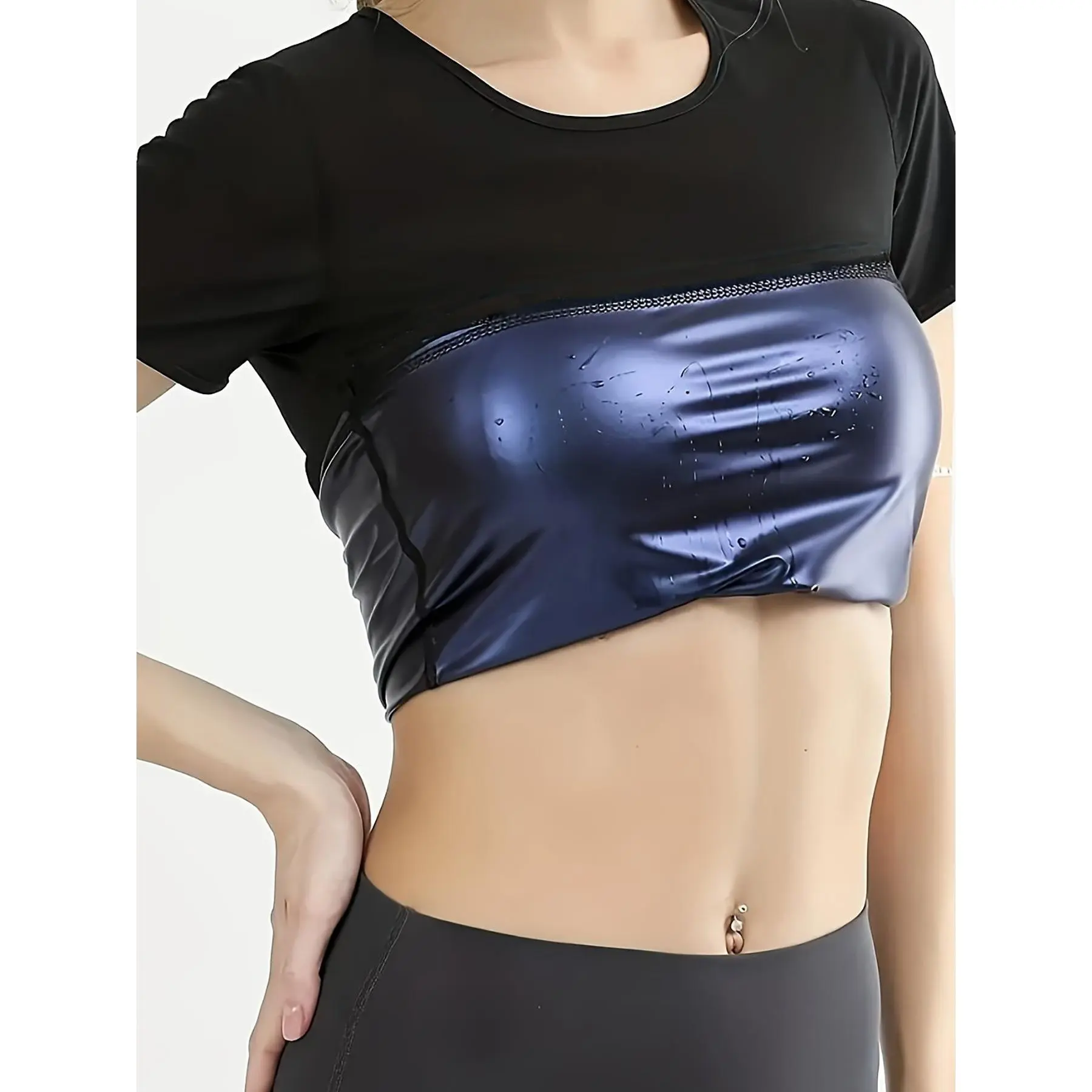 Short-Sleeve Sauna Workout T-Shirt, Crew Neck Stretchy Shaping Fitness T-Shirt, Women’s Activewear