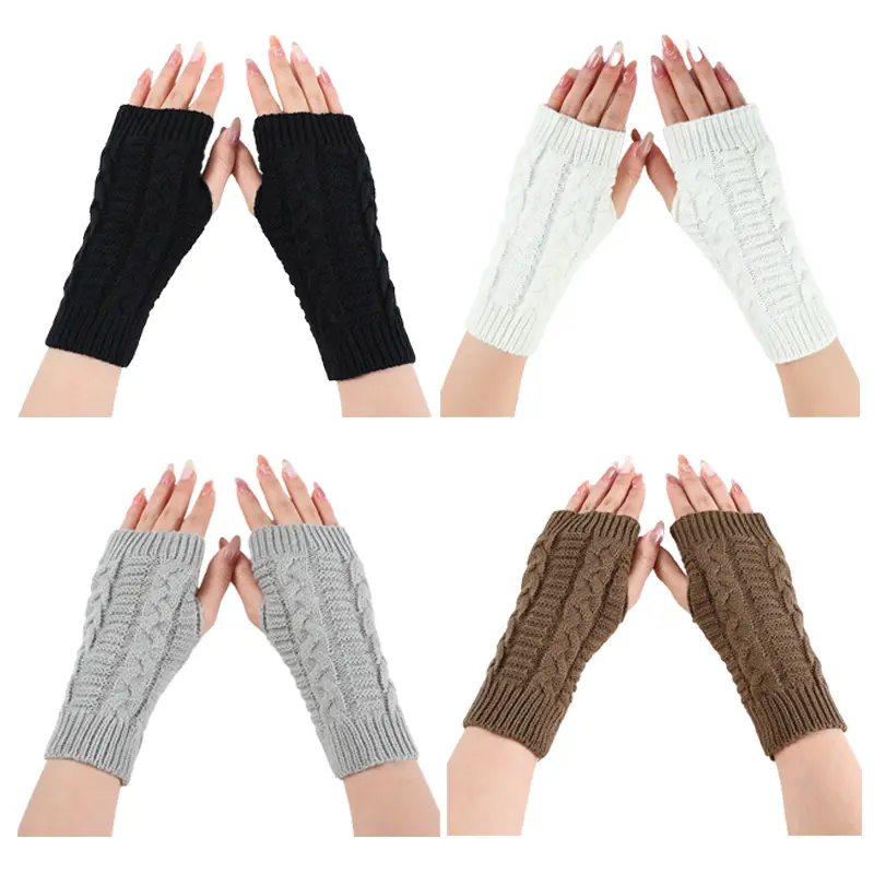 4 Pairs Winter Warmth Women's Knitted Short Cable-Knit Gloves, Fingerless Gloves with Thumb Hole, Crochet Wrist Cuff Arm Warmers, Elastic, for Outdoor Use - Decorative and Warm