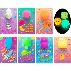 28 Pack Valentines Day Gift Cards with Cute Kawaii Mochi Squishy Toy to Squeeze, Glow in The Dark Stress Relief Fidget Toy for Kids, Classroom Exchange Prizes Valentine Party Favor Toys