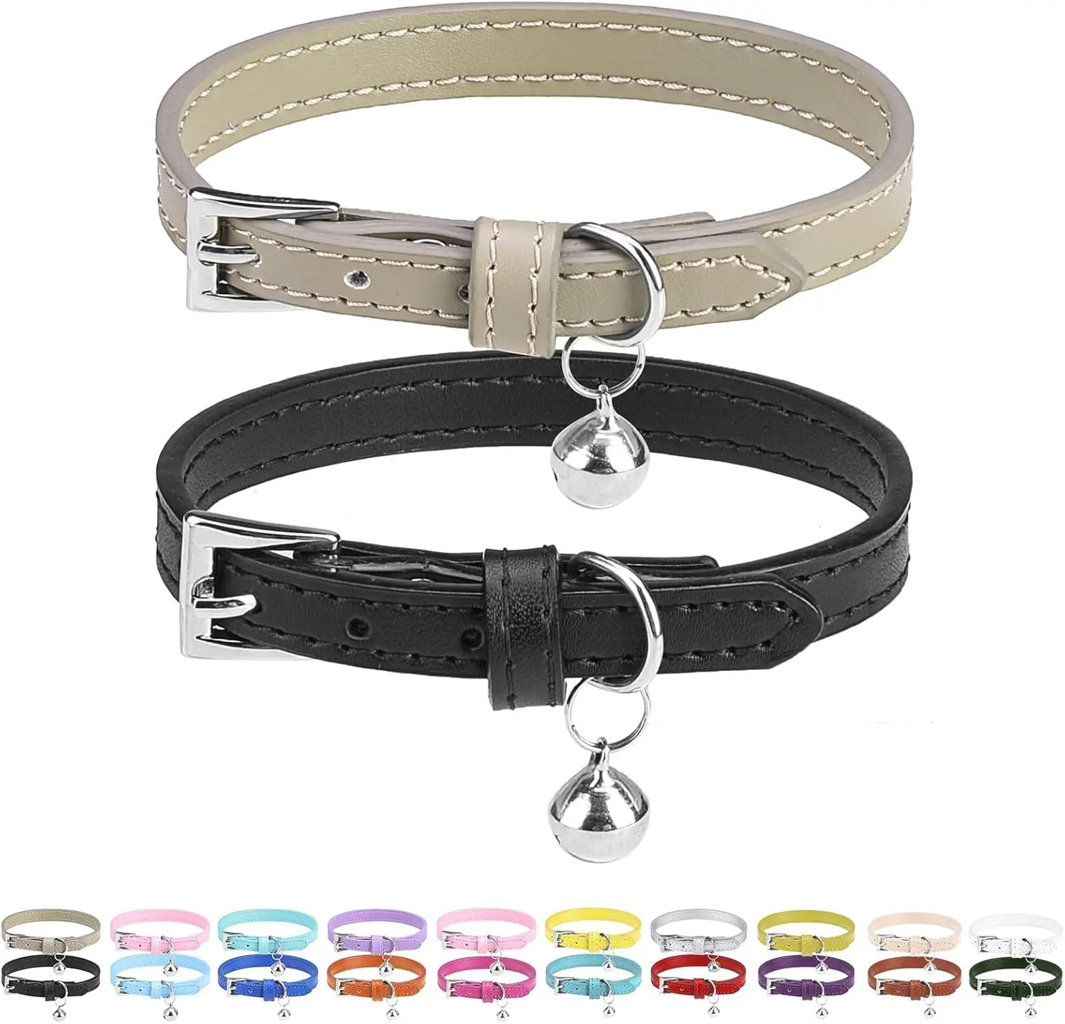 2 PCS Soft Genuine Leather Cat Kitten Collar with Bells Adjustable for Girl Boy Cats Puppy - Black, Khaki