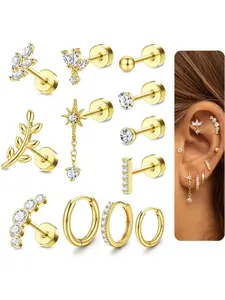 16G Cartilage Earrings for Women Flat Back Earrings Hypoallergenic Surgical Steel Small Flatback Stud Hoop Cartilage Earring Stacks Helix Conch Tragus Daith Piercing Jewelry 12 PCS（Single)