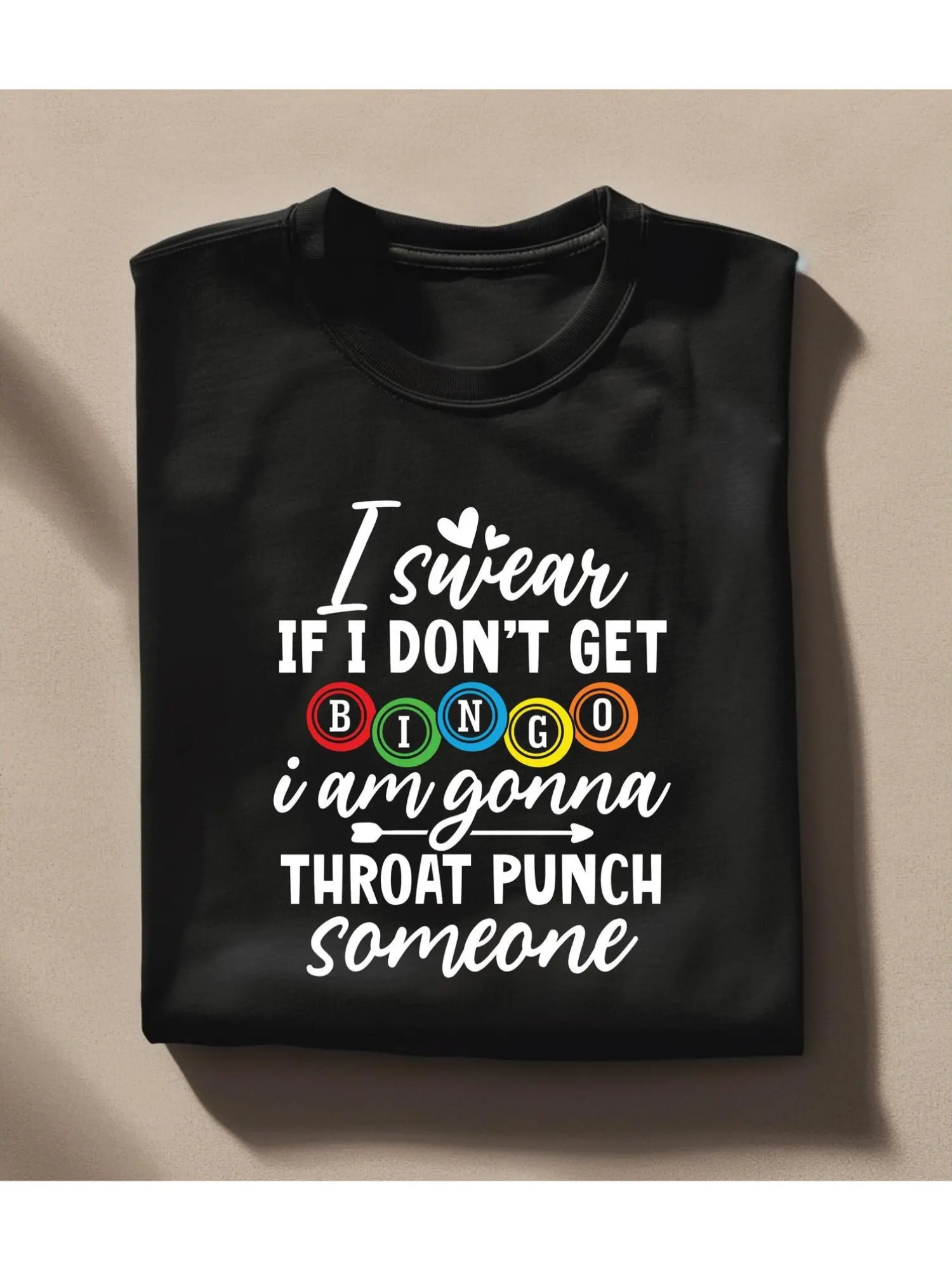 Women'S Fun for Bingo Pattern T-Shirt- "Swear I Won'T Hit You Unless I Win" with for Bingo Ball Slogan- Black Crew Neck Casual Daily Top- Lightweight Suitable for Bingo Night Game Party And Gathering- Plus Size Friendly Humorous Apparel