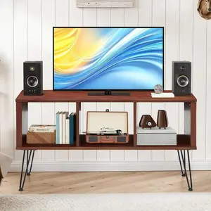 50" Walnut Mid-Century Modern TV Stand, TV Up to 60 Inch, Detachable Legs, Vertical & Horizontal Storage, Record Holder Shelf for Living Room, Bedroom, Horizontal and Vertical