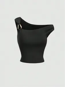 Women's Asymmetric Neckline Slim Fit Versatile Minimalist Fashion Blouse, Womenswear, Spring-Summer Style, Perfect for Work, Home, Parties, Dates and Bars, Fitted