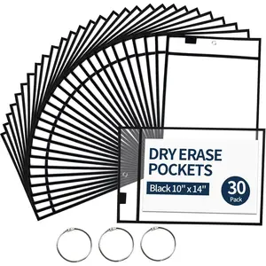 Ufamrine 30 Pcs Dry Erase Pockets Sleeves Black, Job Ticket Holders (10" * 13"), Reusable Plastic Sleeves for Teacher Classroom