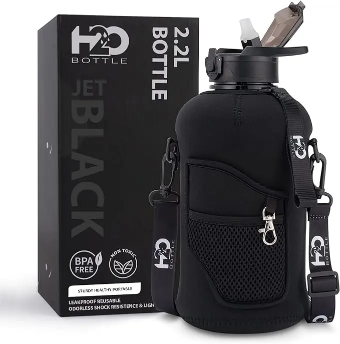 Jet Black 2.2L Half Gallon Water Bottle with Covered Straw Lid & Sleeve – Portable Plastic, Vacuum Flask Washable, Leak-Proof Reusable Tumbler Mug Cup