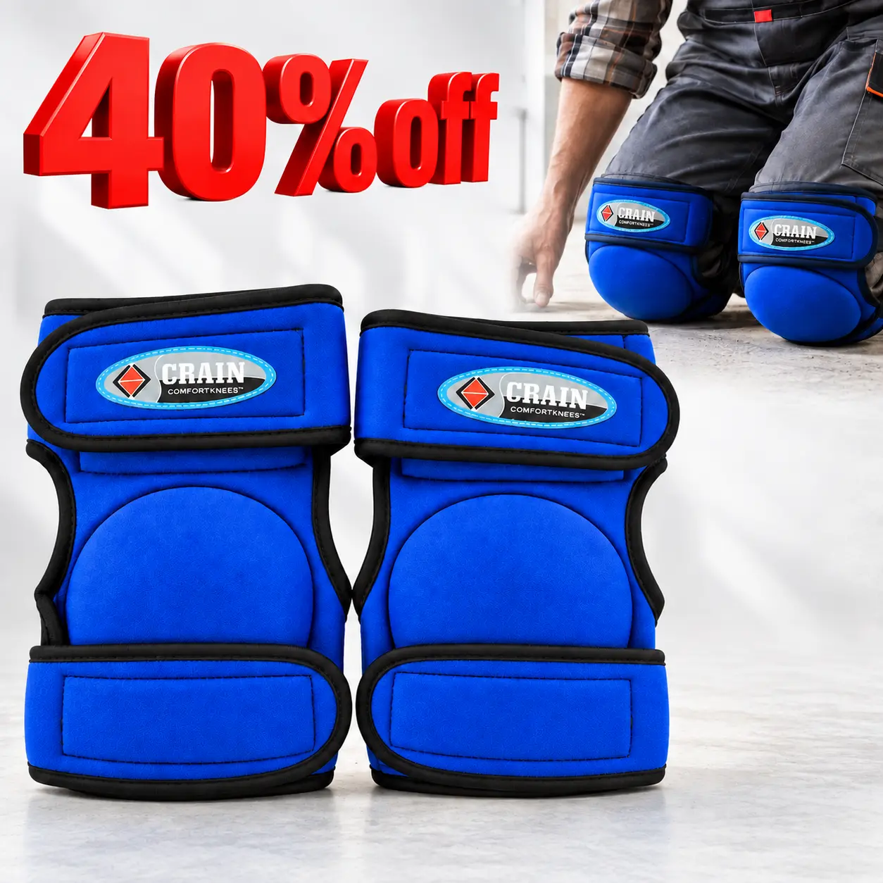BONTOOL Crain Blue Work Knee Pads - Extra Thick Foam, Non-Slip, Adjustable Velcro Straps, Support for Flooring, Construction Work Safety Equipment