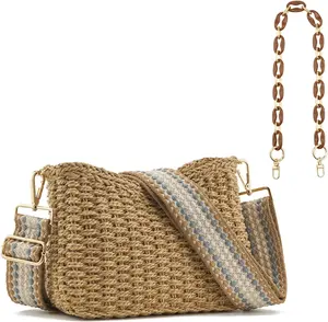 Women's Summer Straw Braided Crossbody Bag with Tassel Chain, Straps Woven Beach Handbag Handmade Wallet Purse