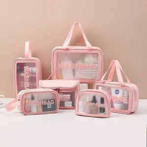 Transparent Makeup Bag PVC Travel Wash Bag PU Matte Bath Swimming Storage Bag Large Capacity Organizer for Women, Travel Cosmetic Bags, Makeup Bag Set, 1pcs/3pcs/6pcs