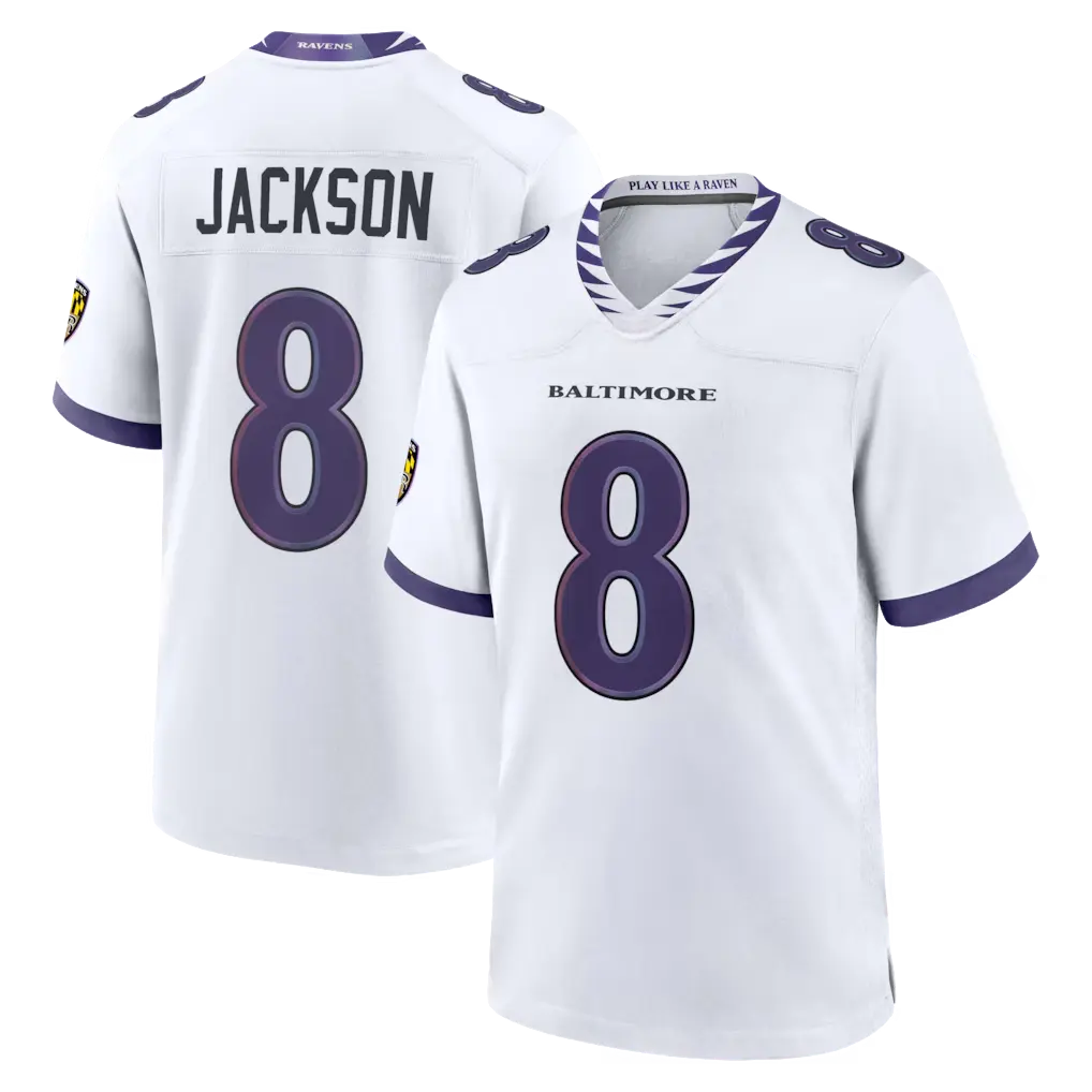 Full Print Jacksn #8 Football Jersey,  Raven White Black American Football Jersey, V Neck Short Sleeve Athletic Shirt, Breathable Game Day Football Top, Football Season Fan Apparel, Player Name Number Jersey, Unisex Sportswear