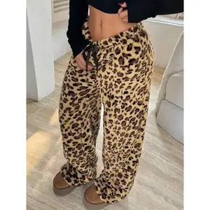 Women's Leopard Print Drawstring Waist Straight Pants, Casual Chic Wide Leg Plush Bottom, Comfortable Dailywear for Spring & Fall