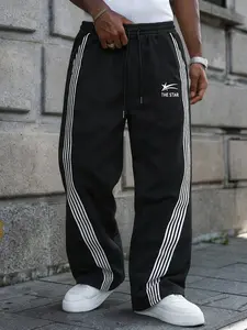 Men's Casual Daily Commuter Pants the Star Wide Leg Sportswear, Side Stripe Drawstring Waist Athleisure Sweatpants, Comfortable Street Style Long Pants