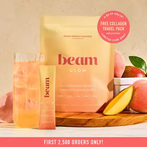 Beam Peach Mango Glow Daily Women's Superblend, 15 single-serve packets per bag, Supplement For Hair Growth, Stronger Nails & Skin Health. Hormone Balance. Vegan & Caffeine-Free