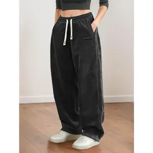 Women's Light Grey Corduroy Jogger Pants, Soft High Waist Drawstring Adjustable Trousers with Deep Side Pockets, Relaxed Straight Leg Casual Pants for All Seasons, Comfy Stretchy Daily Wear Trousers Perfect for Shopping, Walking, Work From Home, Campus