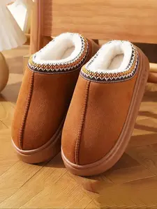 Women's Winter Warm Fuzzy Soft Slippers, Embroidered Edge Anti-Slip Eva Sole, Casual Textile Upper, Fall & Winter Footwear