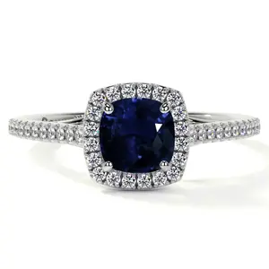Classic Square Cushion Blue Sapphire Halo Ring with Pave Set Diamonds (1.01cttw)- RBS015-5X5-AA