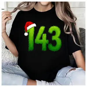 Unisex Funny Gen Z Pop 143 Meme T-Shirt with Green Guy Inspiration Santa Hats Graphic, 100% Cotton Tee for Christmas Gift Top
