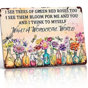 8x12 Inch Aluminum "What A Wonderful World" Metal Sign – Colorful Floral & Dragonfly Wall Art for Living Room, Kitchen & Entryway. Inspirational Lyrics Decor, Waterproof & Rust-Free. Perfect Gift for Music Lovers & Optimistic Home Styling.