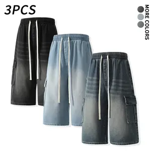 3-Piece Set: Oversized loose gradient cargo denim capri pants with adjustable drawstring cargo shorts, ideal for city walks, weekend parties, and everyday outfits