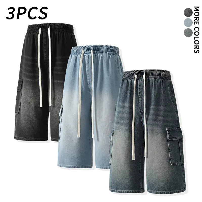 Men's 3-Piece Loose-Fit Bottoms Set, Gradient Denim Capri Pants and Polyester Shorts with Cargo Pockets, Knee Length with Adjustable Drawstring, Baggy, Basic, Casual, Cotton, Menswear, Oversized, Capris, 3-Piece Set, Jeans