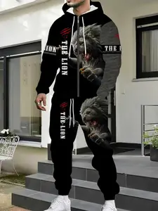 Men's Lion pattern zipper hoodie and sweatpants set - Casual 2-piece polyester zipper sweatshirt set, long sleeves, machine washable, suitable for spring/autumn