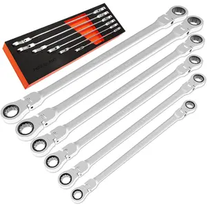 6- Extra Long Flex  Ratcheting Wrench Set - Metric Double Box End (8-19mm), CR-V Steel, 90- Ratchet Wrench for Automotive Repair, EVA Organizer
