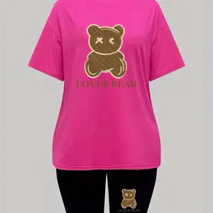 Short Bear Comfort Two-Piece T-Shirt and Leggings with "LOVER BEAR" Design, Casual Style, Comfortable Fit One Size, Cotton Fabric Round Neck Womenswear perfect for confort everyday use. Clothes Loose Sleeved Crewneck Summer