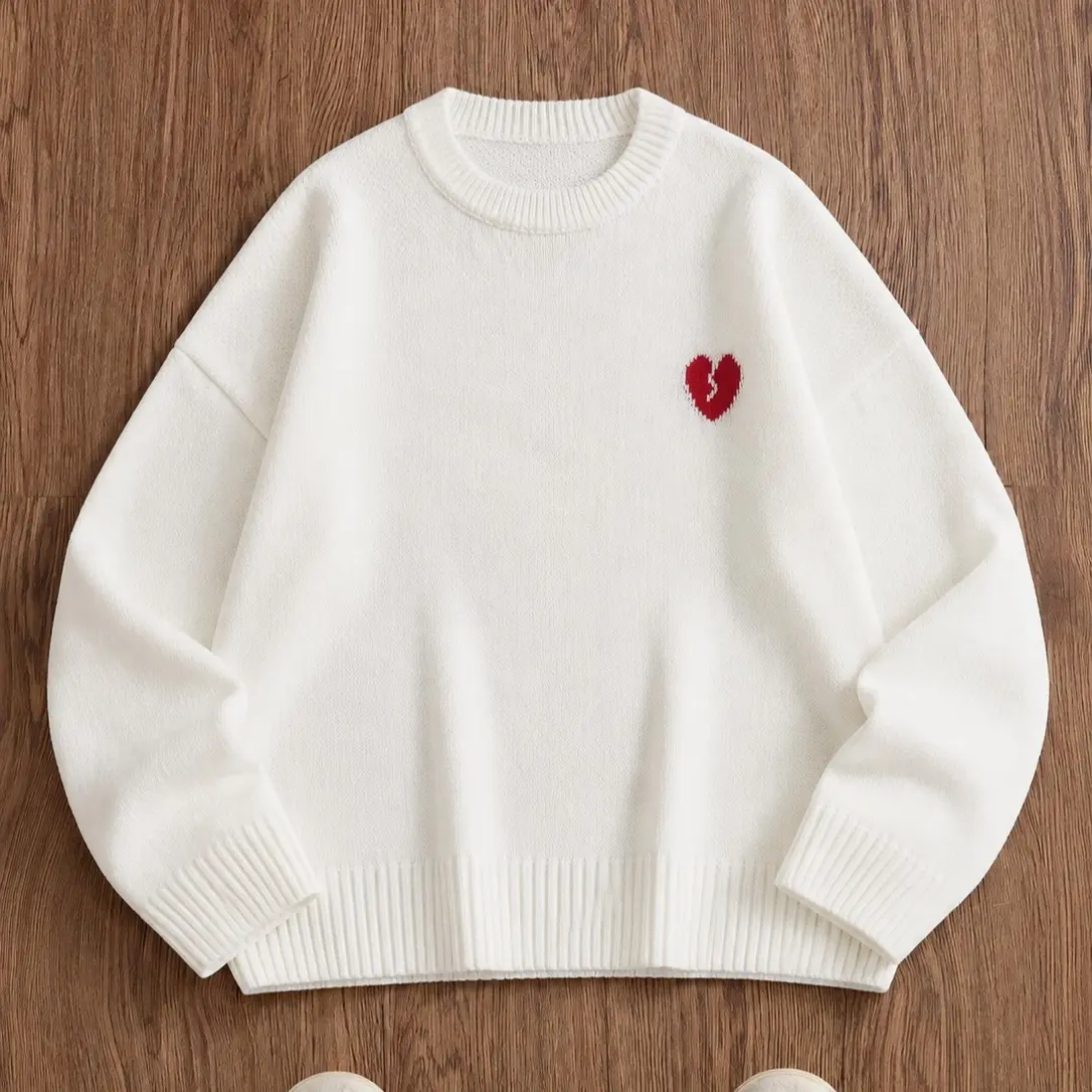 Minimalist heart-shaped embroidery crewneck sweater, loose fit, long sleeves, soft knit casual pullover suitable for autumn and winter