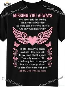 Men'S Plus Size Emotional Black T-Shirt with Glittery Angel Wings And 'Missing You Always' Message - Comfortable Round Neck Suitable for Memorial Gifts Remembrance Apparel Casual Wear For Parties Year-Round Wear for